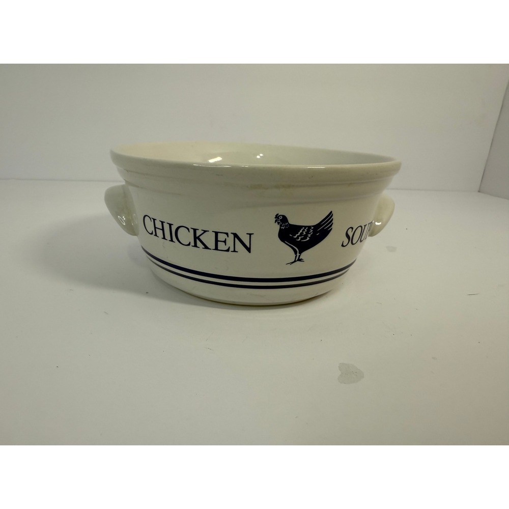 FTD Ceramic Chicken Soup Bowl with Handles Cream Navy Blue Farmhouse Hen Korea
